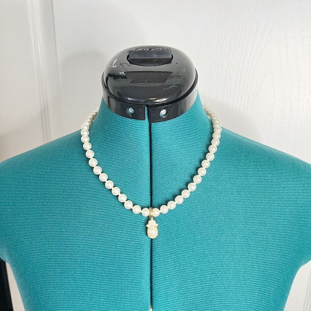 Beaded Faux Pearl Rhinestone Drop Pendant Stamped "Roman" Choker Necklace